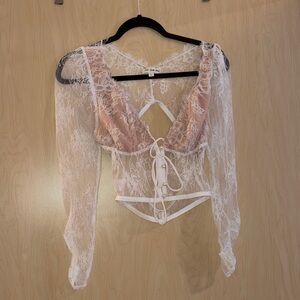 For love bell Sheer Lace Long Sleeve Crop Top
